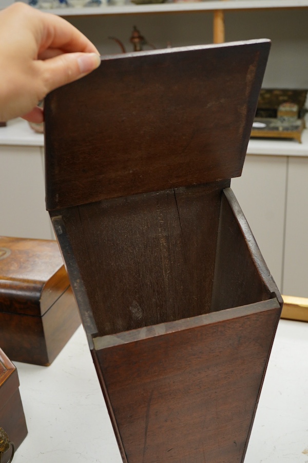 A George III octagonal work box, with various sewing accessories, a candle box and a burr walnut box, largest 35cm wide